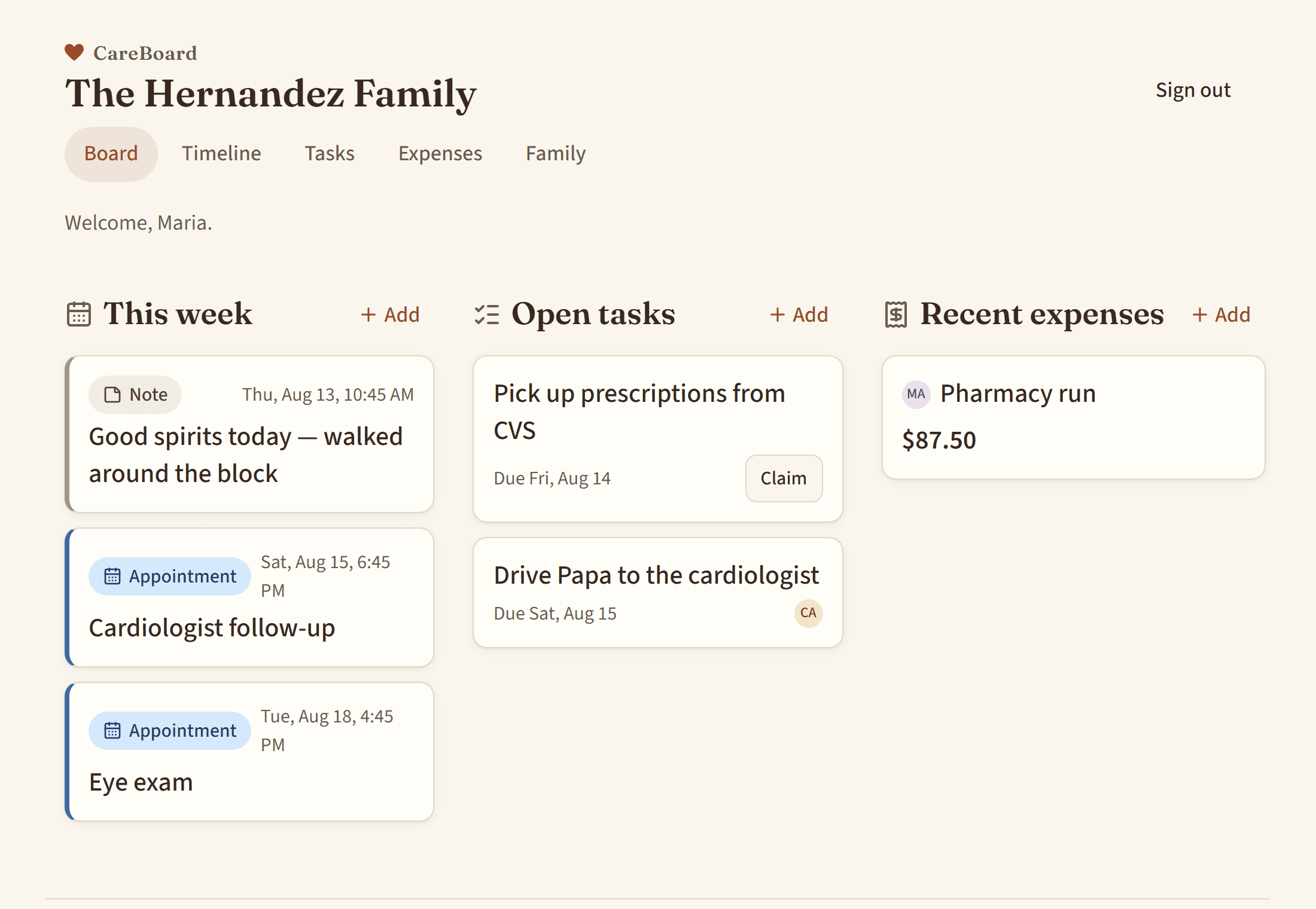 The CareBoard dashboard showing a family's week: upcoming appointments, open tasks, and recent shared expenses